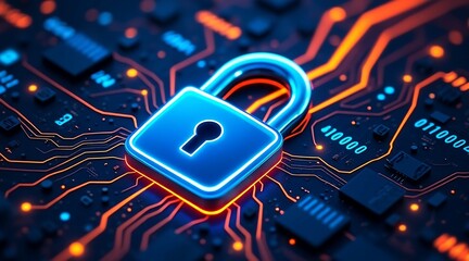 Glowing blue padlock on circuit board with digital data security technology