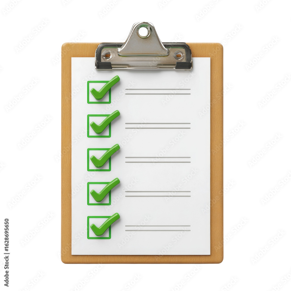 Poster a clipboard with a checklist of five items, all marked complete with green checkmarks. background re