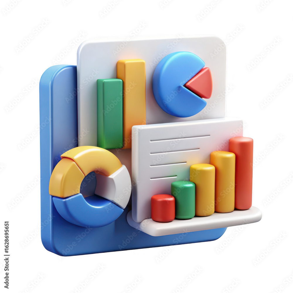 Poster 3d business charts and graphs isolated on transparent background