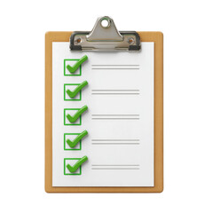 A clipboard with a checklist of five items, all marked complete with green checkmarks. background removed