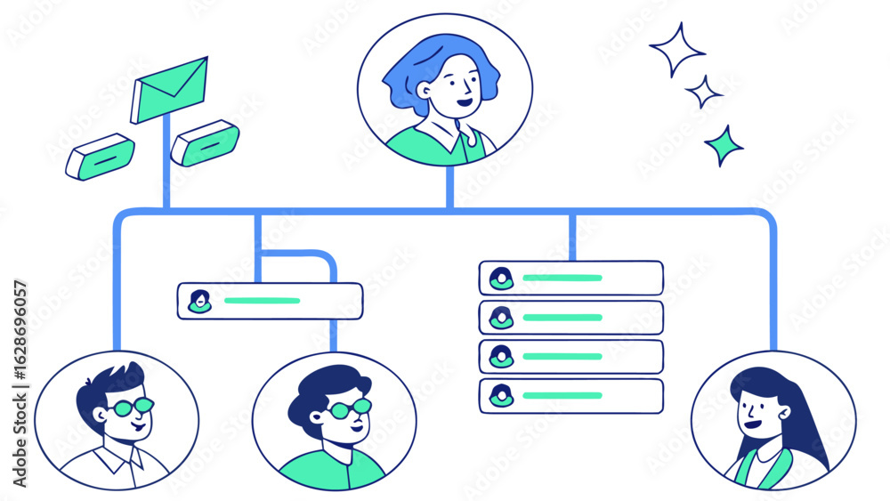 Poster modern flat illustration of a diverse team in an organizational chart showing hierarchy and communic