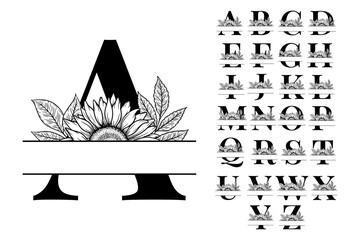 Sunflower split monogram design, alphabet letters A-Z decorated with floral illustration. Perfect for personalized gifts, farmhouse decor, wedding initials, cut file, family sign, and DIY crafts.