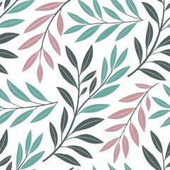 Delicate branches with teal, dusty rose, and gray leaves create a calming, botanical pattern