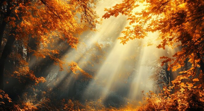 The fall woods are transformed into an ethereal realm, where a stunning old tree rises above a carpet of orange and red leaves, surrounded by an aura of blue fog and mystique - Powered by Adobe