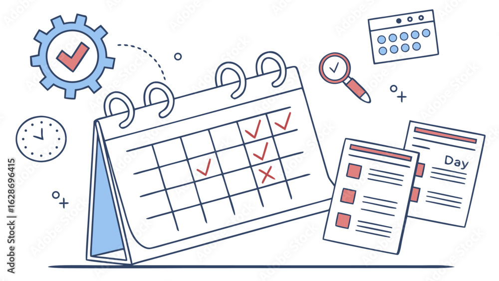 Poster conceptual illustration of effective time management and task completion with a calendar clock check