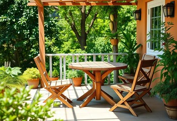 Obraz premium Rustic wooden table & chairs on a sun-drenched terrace, lush greenery surrounds, green, patio