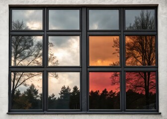 Modern window reflecting a vibrant sunset and silhouetted trees against a cloudy sky