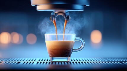 Layered latte with hot milk and espresso pouring into a glass cup from an espresso machine, with steam and warm bokeh lights. Perfect for coffee ads, coffee house, cafe menus, and promotions