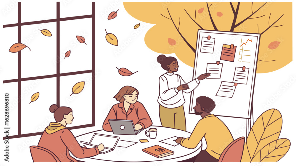 Poster diverse team collaborating on a project presentation during autumn with falling leaves visible throu
