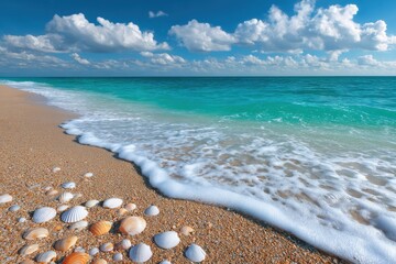 Calm waves gently kiss the sandy shore while shells bask in the sun under a vibrant blue sky adorned with fluffy clouds