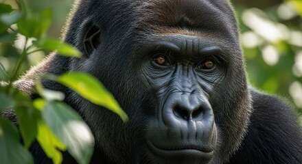Obraz premium Close up portrait of a majestic silverback mountain gorilla in lush green jungle foliage