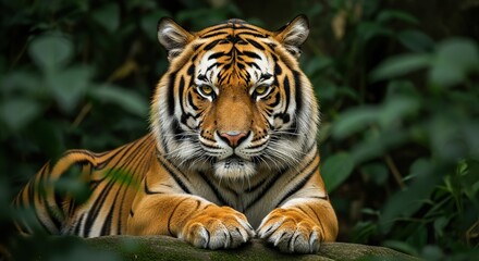 Fototapeta premium Majestic tiger with intense gaze resting in lush green foliage