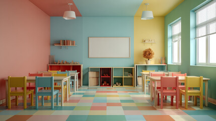 Colorful kindergarten class without childs ,school desk,chair,toy and decoration on background wall- 3d rendering 