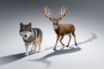 A mesmerizing encounter of a wolf and a deer walking side by side in a serene, artistic space filled with shadows
