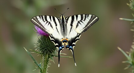 Scarce swallowtail butterfly resting on a thistle flower