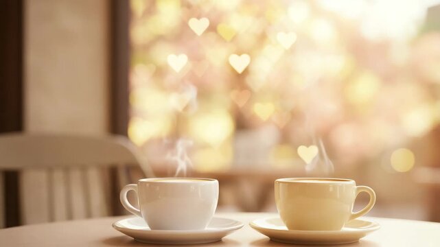 Two steaming cups of coffee on a table with a romantic background  