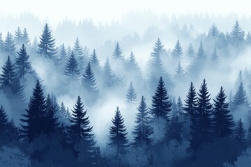 This seamless pattern depicts a modern misty forest landscape complete with detailed blue silhouettes of coniferous trees