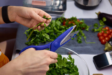 Hands Skillfully Cutting Fresh Cilantro for Delicious and Flavorful Cooking Dishes
