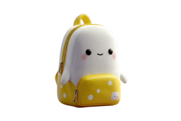 Adorable ghost-shaped backpack with a yellow polka-dotted bottom pocket. background removed