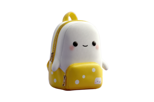 Adorable ghost-shaped backpack with a yellow polka-dotted bottom pocket. background removed