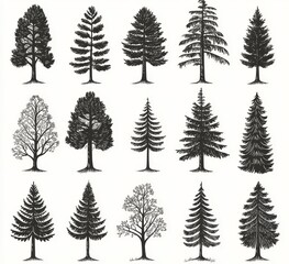 Fototapeta premium Outdoor travel badges display modern illustrations of abstract coniferous tree drawings with black silhouettes of pine, spruce, cedar, and plant leaves on natural tops