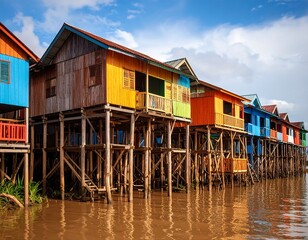 Colorful waterfront houses on stilts