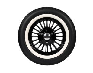 A classic car wheel and tire featuring a black wire rim and a distinct white sidewall.