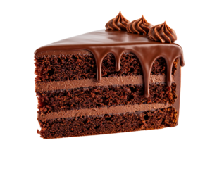 A rich and delicious slice of chocolate cake with multiple layers of frosting and a thick chocolate drip.