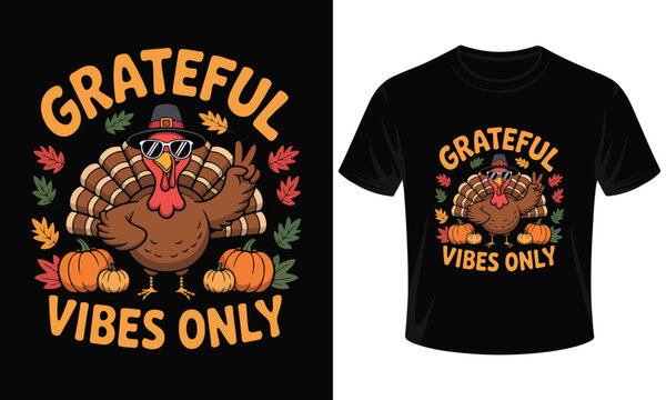 Thanksgiving t-shirt design with a cartoon turkey and autumn leaves