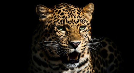 Obraz premium Close up portrait of a fierce leopard with piercing blue eyes and open mouth on a black background
