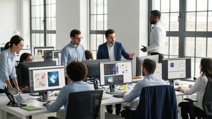A diverse team of professionals collaborating in a modern office space analyzing data on computer screens while discussing strategies and ideas with large windows providing natural light - Powered by Adobe