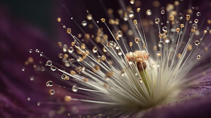 Tiny bee navigates dewdrops on a delicate flower stamen