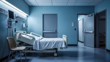 Serene hospital room with empty bed and calm lighting, healing environment