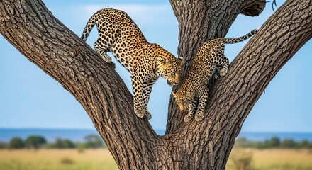 Obraz premium Leopard climbing a large acacia tree in the african savanna