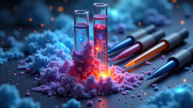 Colorful vials and test tubes surrounded by bacteria in microbiological concept