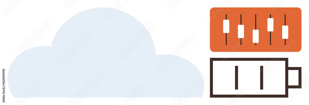 Poster large cloud beside battery icon and control sliders panel. ideal for data storage, cloud computing, 