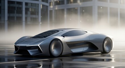 Obraz premium A futuristic silver sports car driving in the city on a foggy day, showcasing its sleek design. The car is parked with the urban city background in the fog