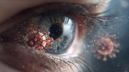 Detailed shot of an infected eye with viral particles blending into a blurred plaquemarked brain scan that visually connects eye infection to neurological impact.