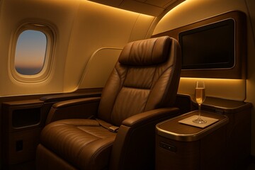 Luxurious First Class Airplane Travel a Private Suite with Leather Seats and Personal Entertainment System for Relaxing Flight