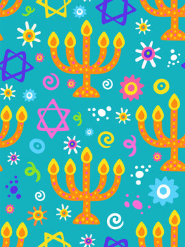 Wehanukkah seamless pattern flat menorah and star of david symbols on turquoise background colorful festive vector illustration