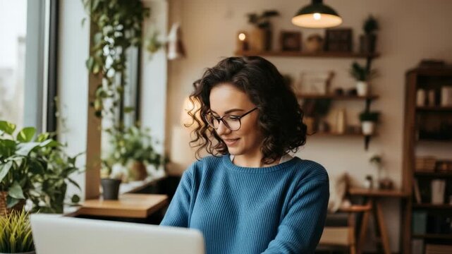 A focused woman with curly hair and glasses works on her laptop in a cozy indoor setting filled with plants and warm lighting showcasing a serene and productive atmosphere
