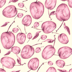 Watercolor, vintage, seamless pattern - blue plum. Sprig plums with leaves, hand drawing, watercolor. Plum Branch on white isolated background. Element for design.seamless pattern of watercolor plums