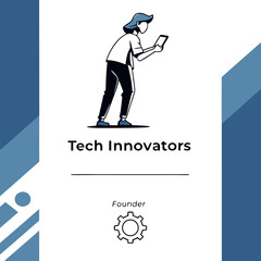 Modern graphic illustration of a person holding a tablet device representing a tech innovator or founder with a gear icon symbolizing industry and progress