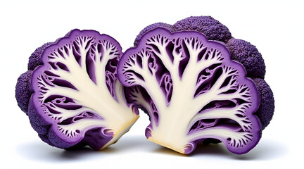 Obraz premium Purple cauliflower cross section showing intricate white branching pattern and vibrant purple florets, fresh and healthy vegetable close up