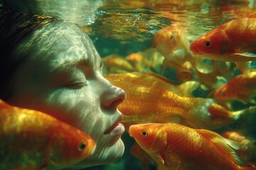 Sea creature cards encircle a sunbathing woman. Seaside events lure travelers seeking unique adventures.
