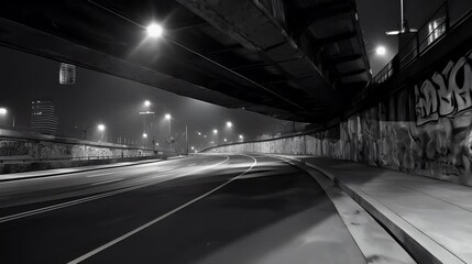 Empty city overpass at 3 AM with graffiti and streetlights - Powered by Adobe