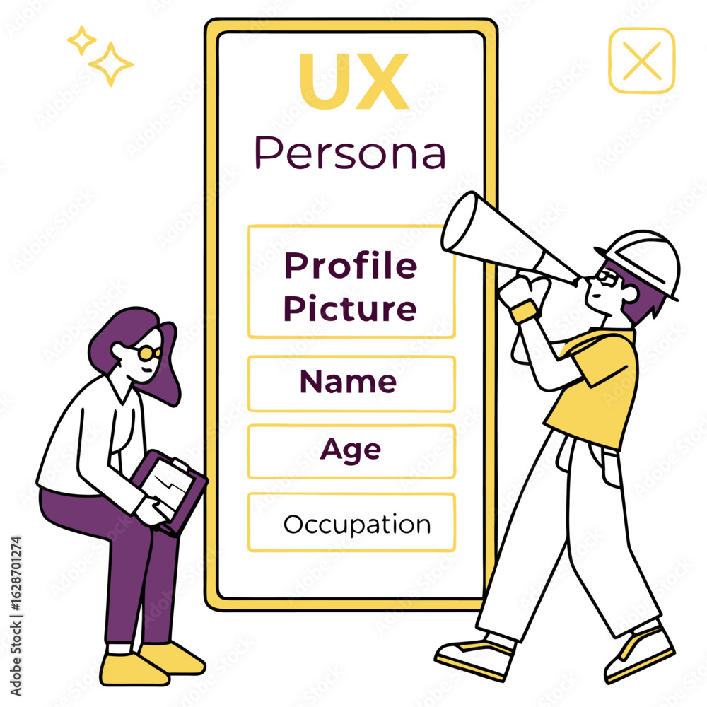 Poster ux persona creation process with team members analyzing user profile details on a large screen illus