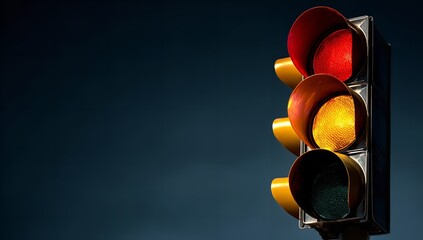 Traffic Light with Red, Yellow, and Green Lights Illuminated Against a Dark Blue Sky, All Signals On Simultaneously