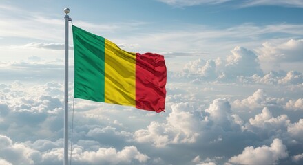 Mali National Flag Waving on Tall Flagpole in Sky with Clouds – Mali Independence Day Celebration, Patriotism, Freedom, Mali Culture & Heritage