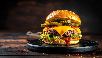 Mouthwatering cheeseburger with pickles, lettuce, and ketchup on a dark wooden surface